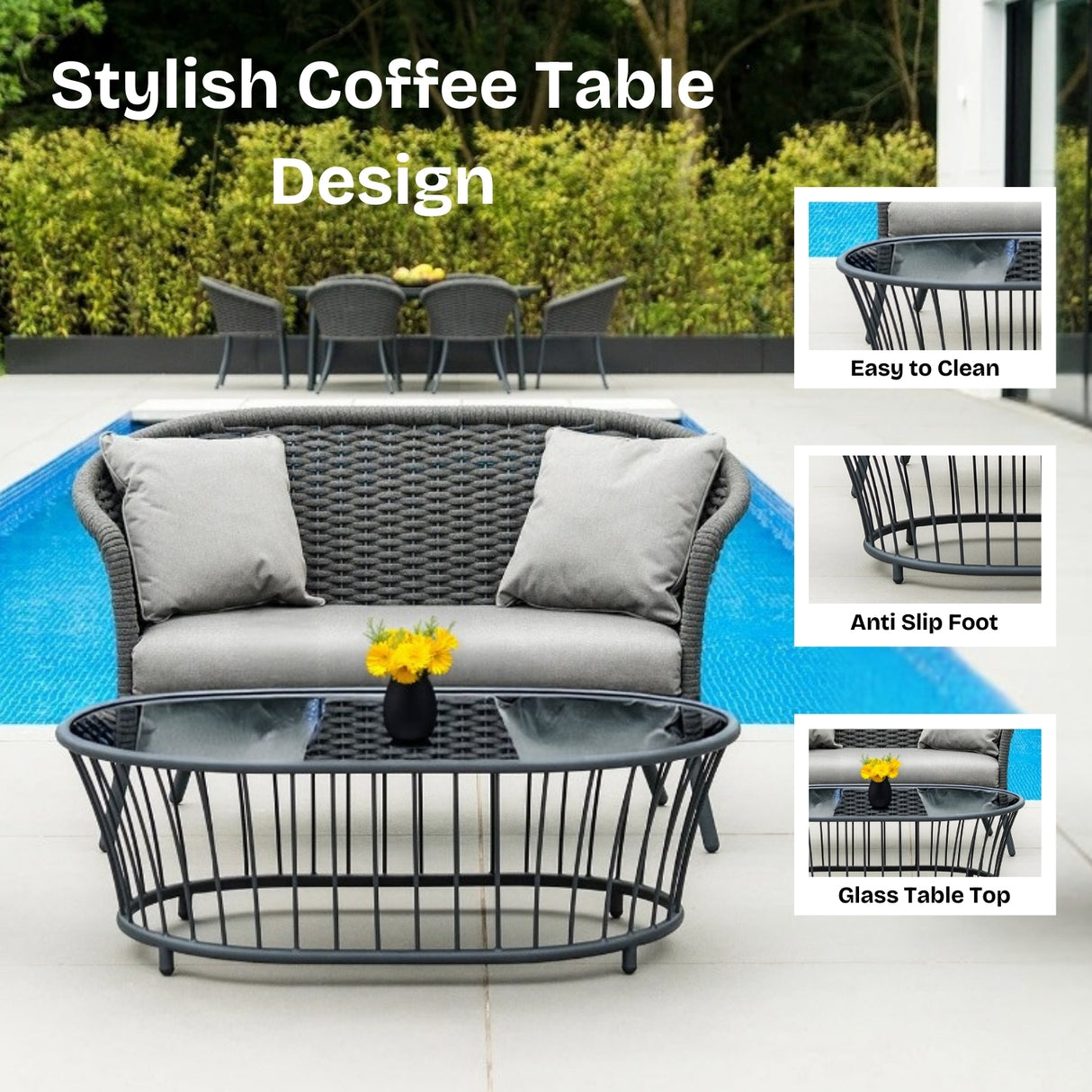 Outdoor Grey Rope 4 Piece Patio Sofa Set with Light Grey Cushions