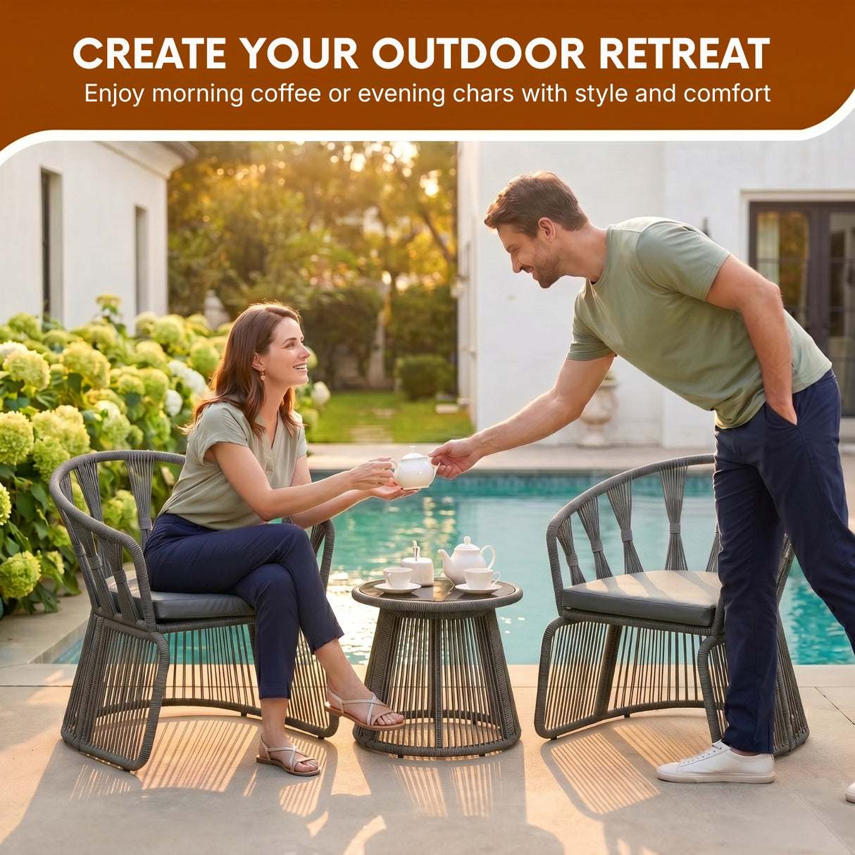 Outdoor Rope 3-Piece Patio Set (Grey & Dark Grey)