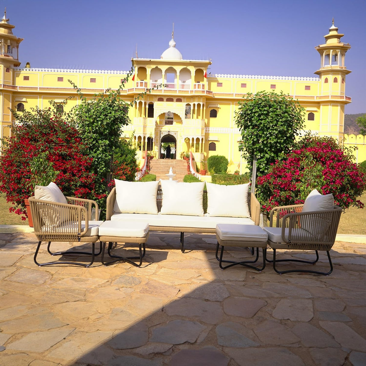 7 Seater Outdoor Rope Sofa Set with Ottomans