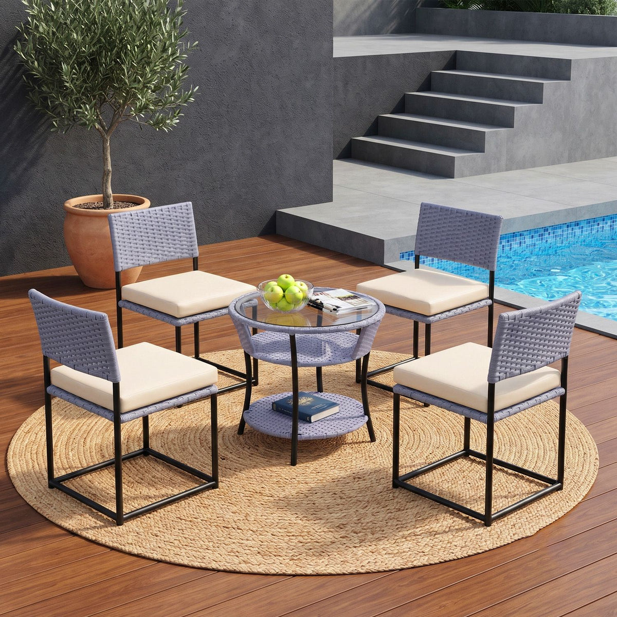 5-Piece Outdoor Wicker Patio Furniture Set (Silver Grey & Cream)