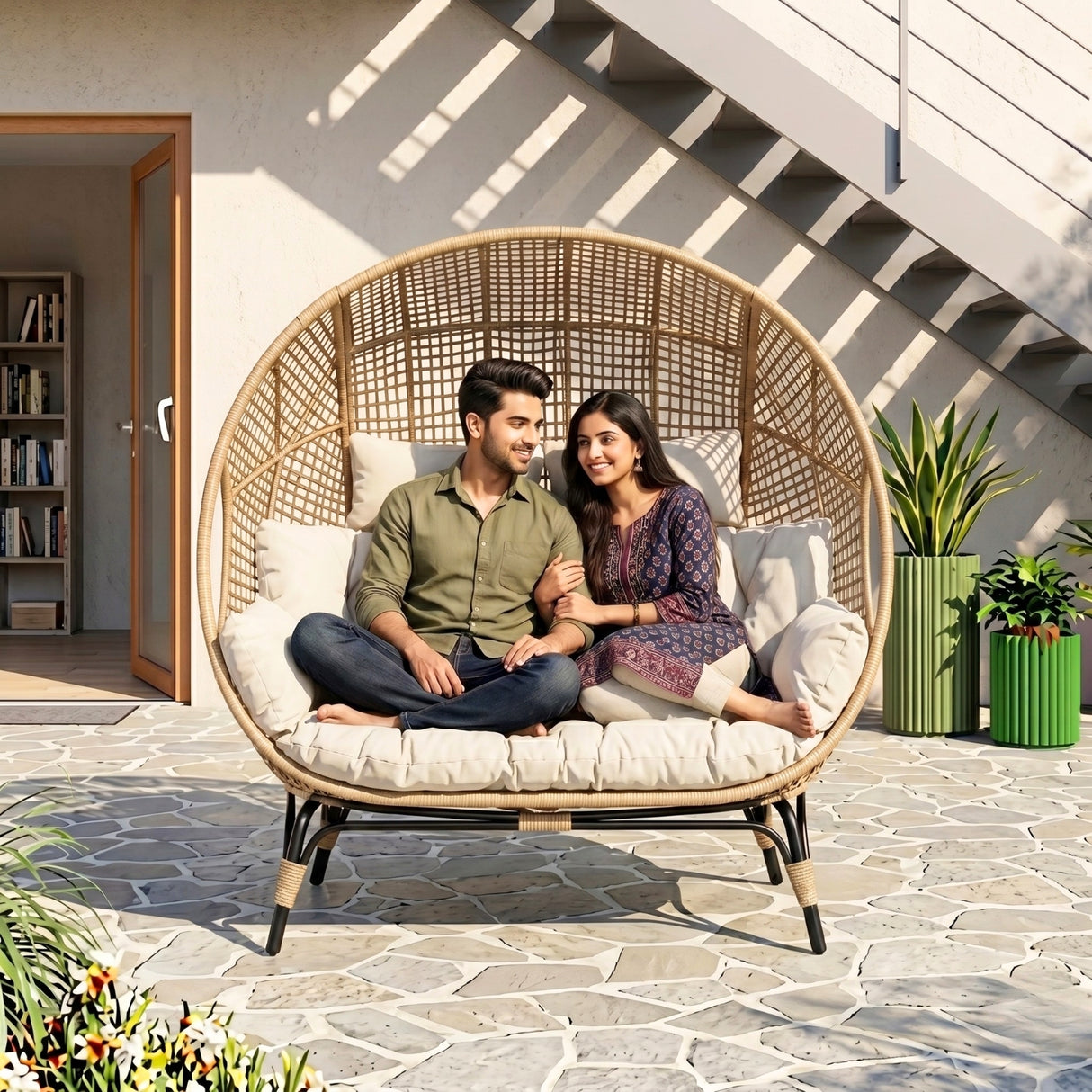 Outdoor Rattan Wicker Double Seater Egg Chair (Beige & Cream)