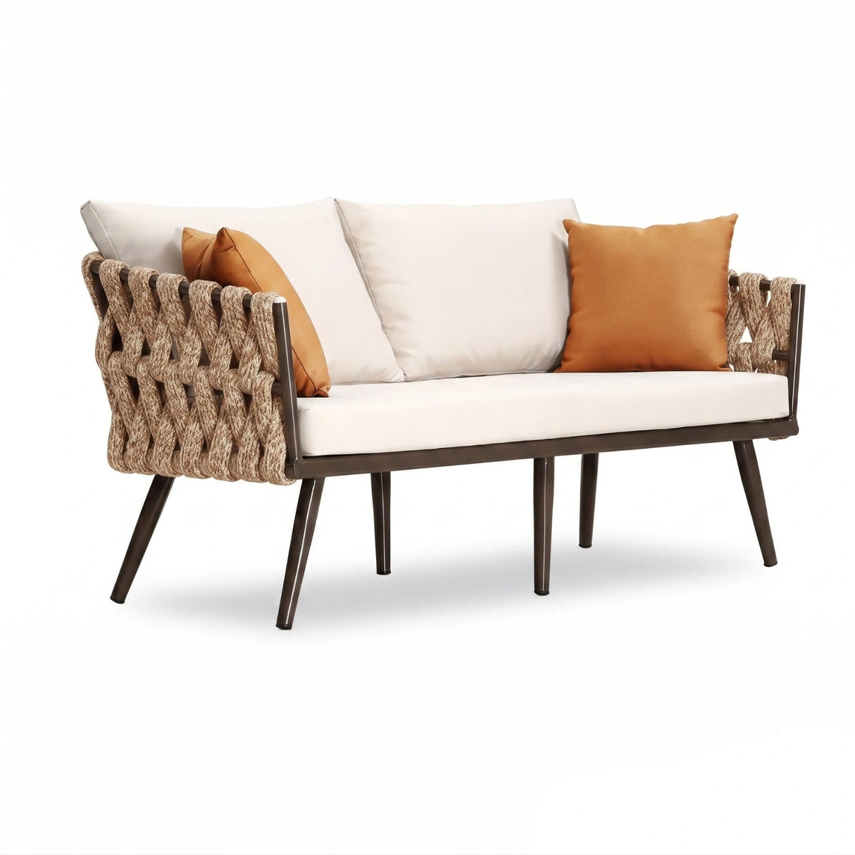 4-Piece Outdoor Rope Sofa Set With Glass Top Table (Beige & Off-White)