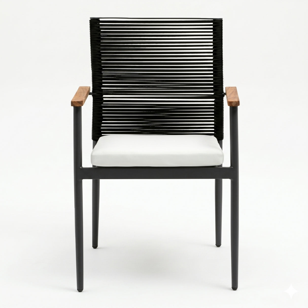 Modern Outdoor Rope Chairs with Wooden Armrests & Cushions (Black & White)