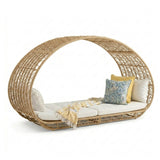 Outdoor Rattan Wicker Daybed with Oval-Shaped Canopy Frame (Beige & Off-White)