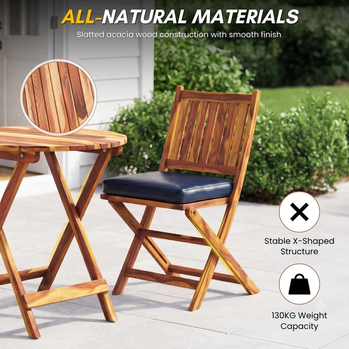 Acacia Wood Foldable Outdoor Bistro Set – 2 Chairs & Round Table