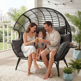 Outdoor Wicker Double Seater Egg Chair with Dual Cup Holders (Black & Dark Grey)