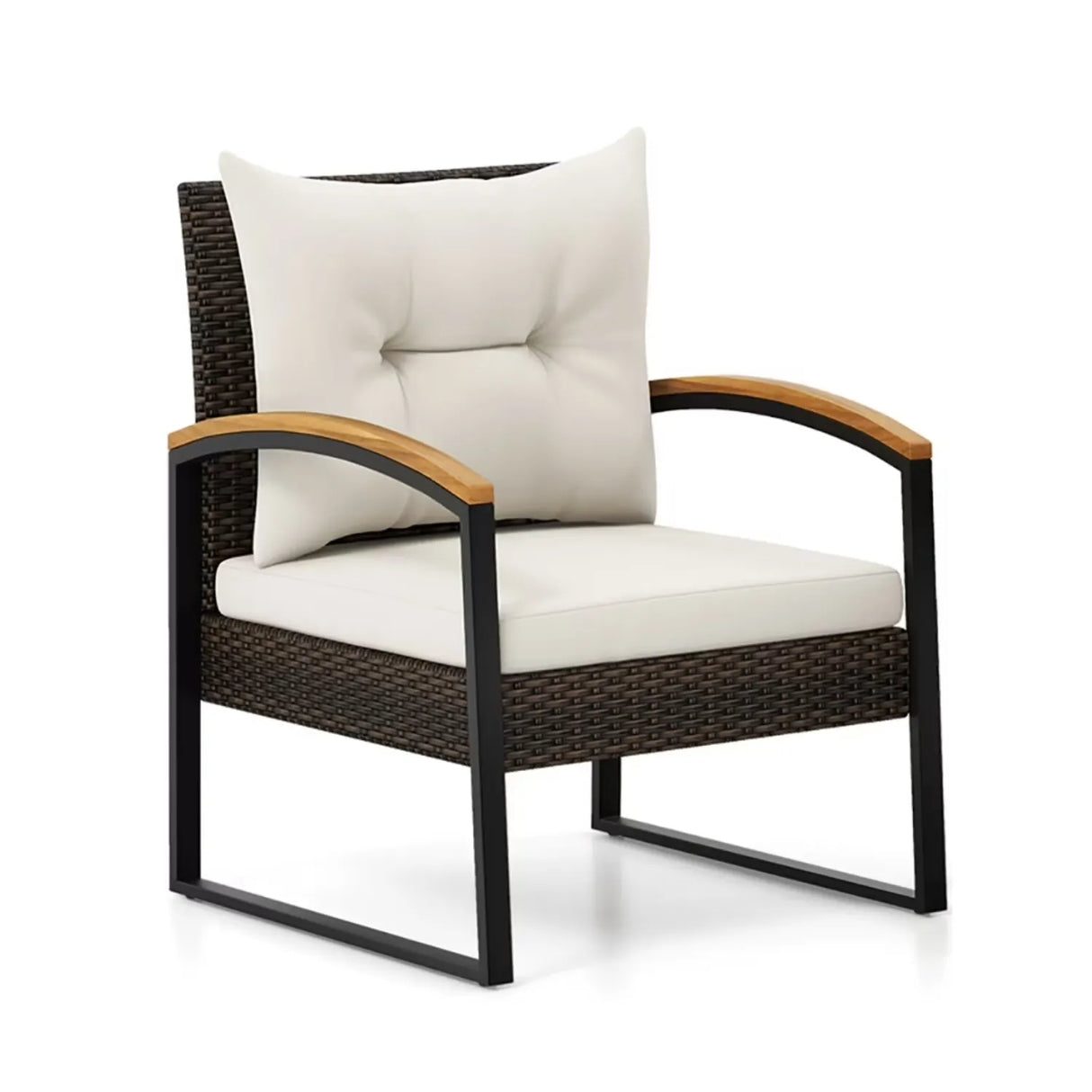 Outdoor Wicker Patio Chair Set with Wooden Armrests & Table