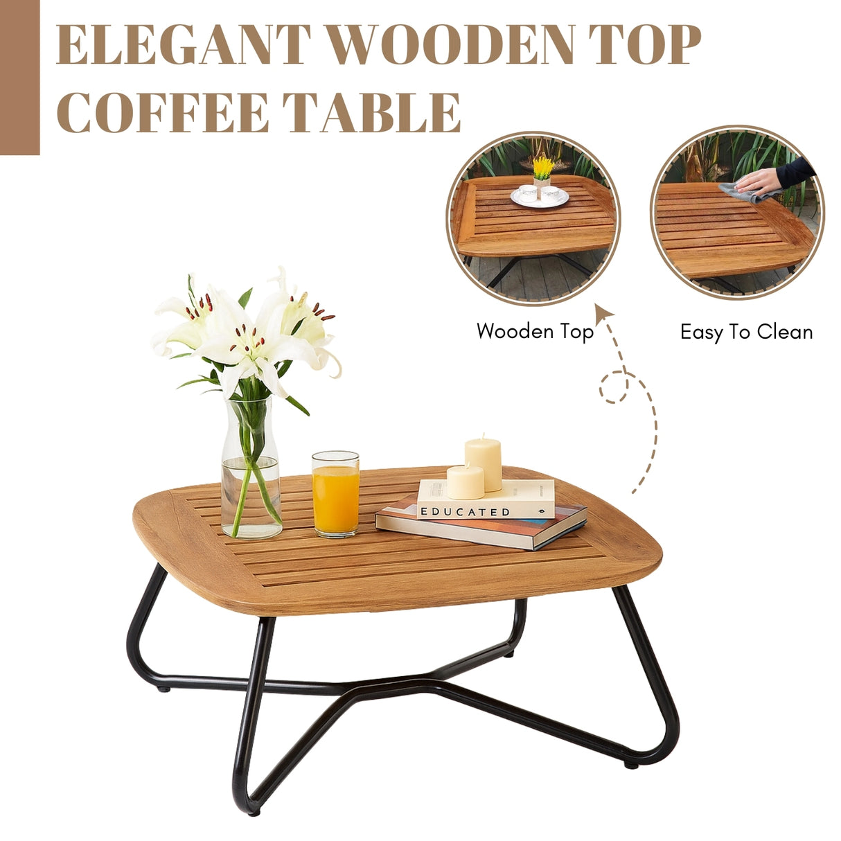Outdoor Rope 3-Piece Patio Set With Wooden Top Table