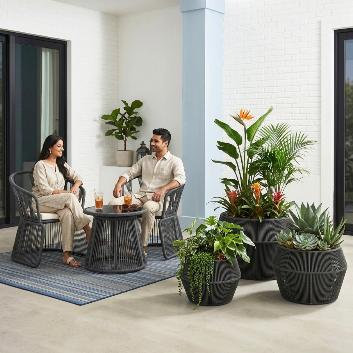 Outdoor 3-Piece Round Rope Planters (Grey)