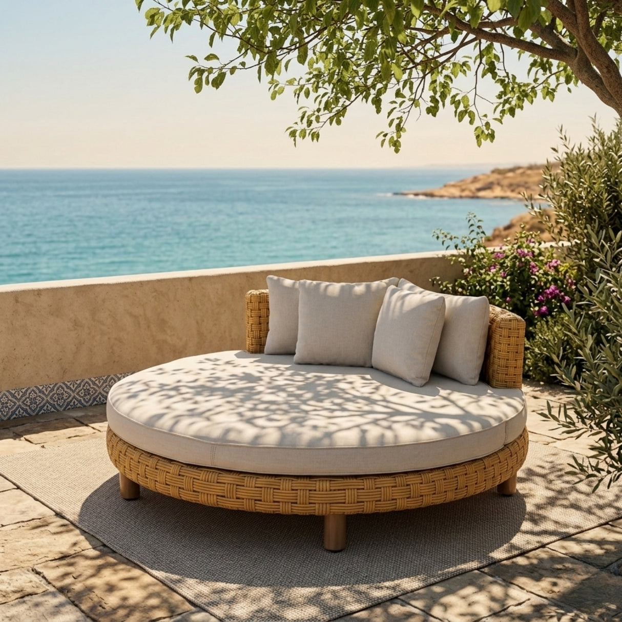 Outdoor All-Weather Rattan Wicker Round Daybed (Beige & Off-White)