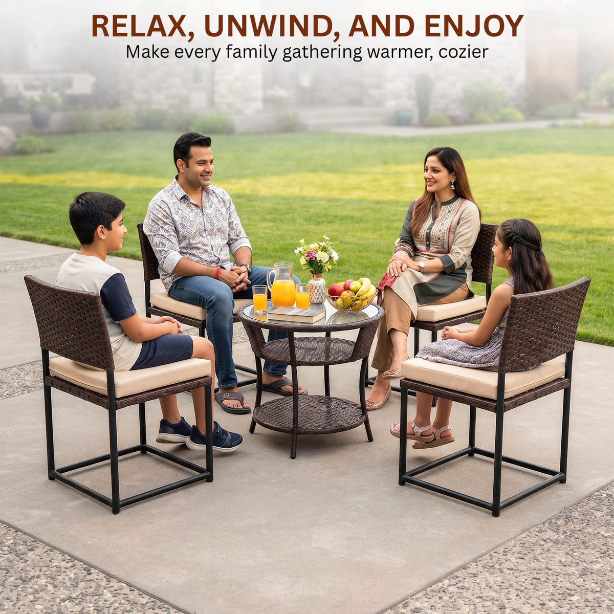 5-Piece Outdoor Wicker Patio Furniture Set (Dark Brown & Cream)