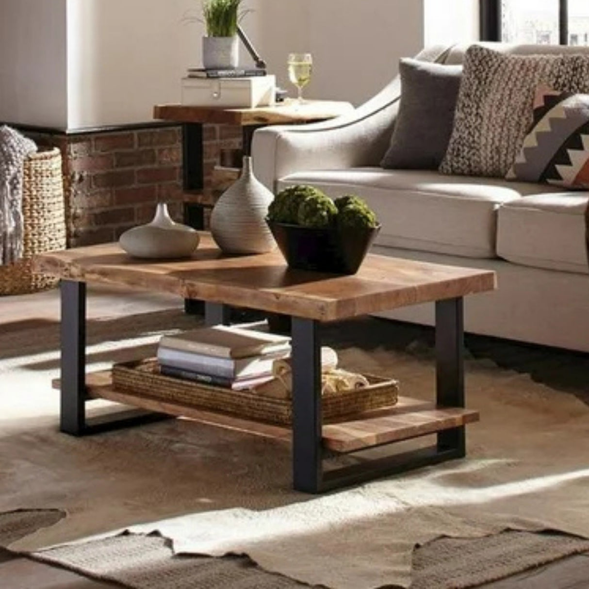 2-Tier Natural Wood Top Center Table