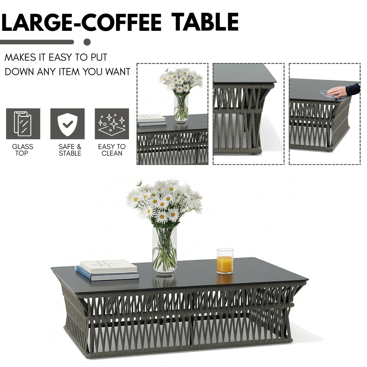Outdoor Rope 7-Seater Sofa Set With Glass Top Table