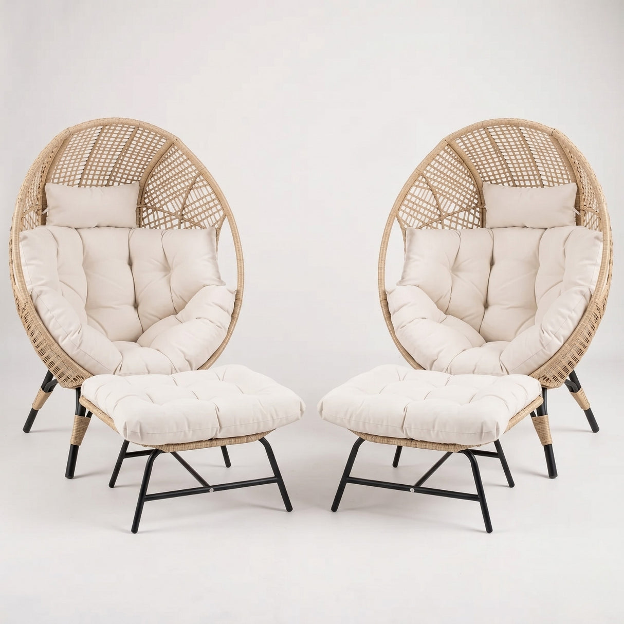 4-Piece Outdoor Wicker Egg Chair Set with Ottomans (Beige & Off-White)