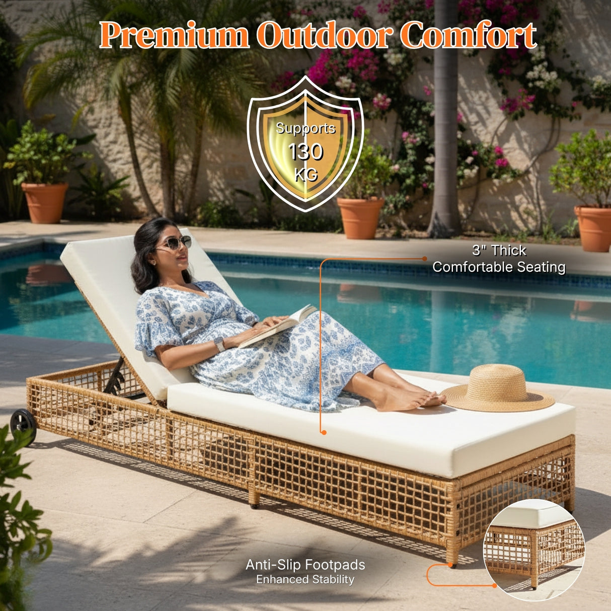 Outdoor Wicker Rattan Lounger Set of 2 with Patio Umbrella (Beige & Off-White)