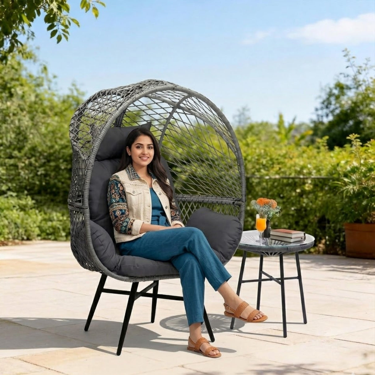 Outdoor Wicker Egg Chair with Glass Top Side Table (Silver Grey & Dark Grey)