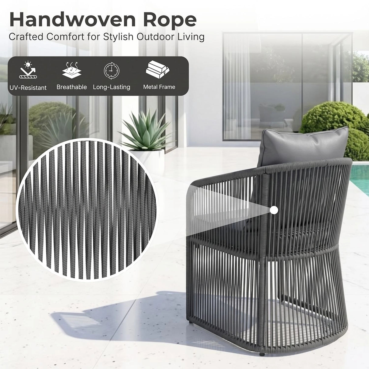 Outdoor 3 Piece Rope Patio Sofa Set (Grey)