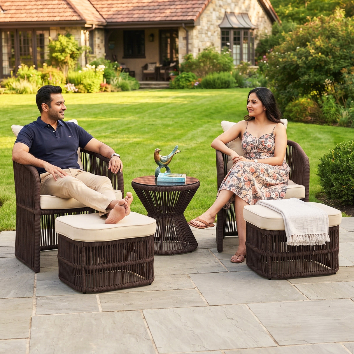 Outdoor 5 Piece Rope Patio Chair Ottoman Set (Brown & Cream)