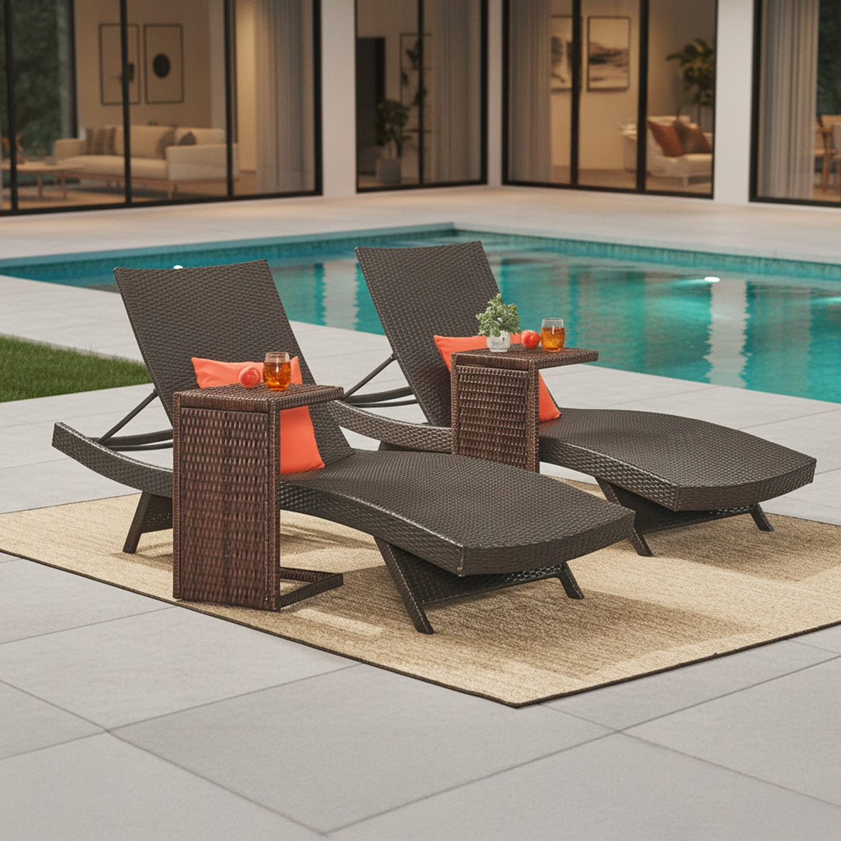 Outdoor Rattan Wicker Lounge Chairs Set of 2 with Matching Side Table