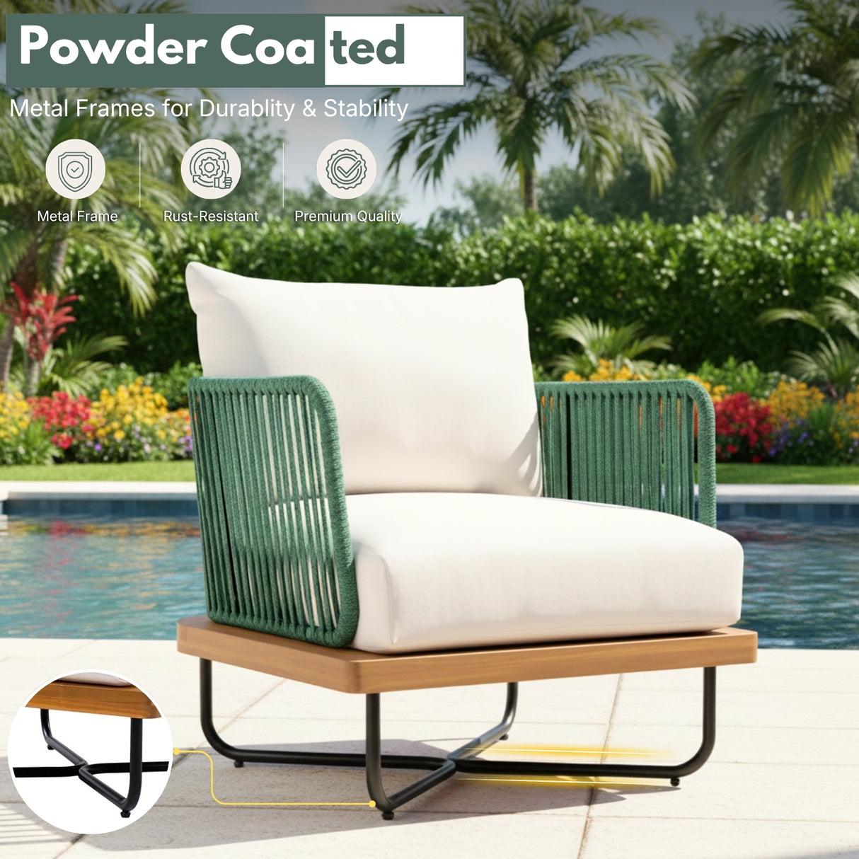 Outdoor Rope Sofa Set with Wooden Base & Teak Finish Coffee Table (Green & Off-White)