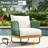 Outdoor Rope Sofa Set with Wooden Base & Teak Finish Coffee Table (Green & Off-White)