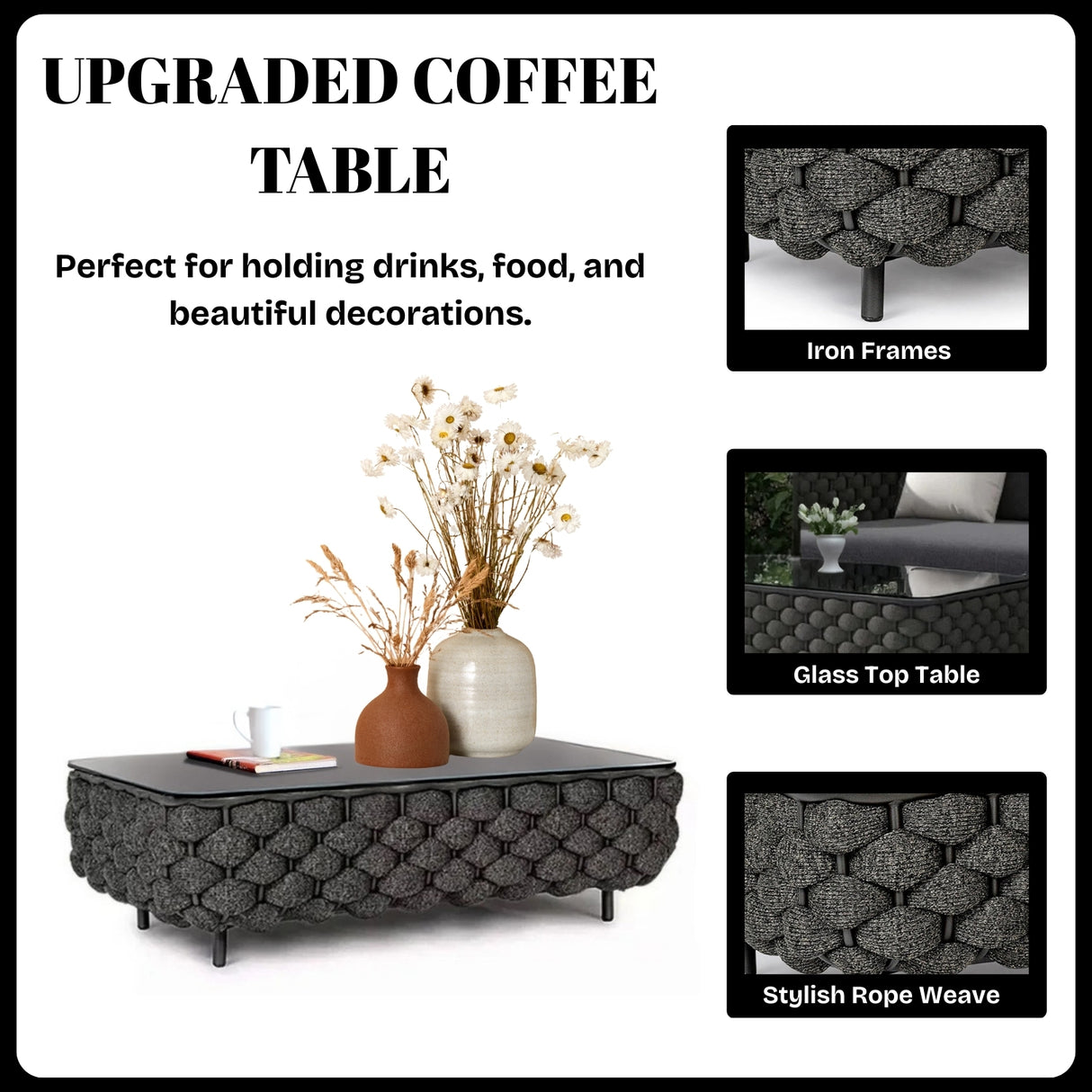 4 Piece Outdoor Rope Sofa Set with Glass Top Coffee Table (Black)