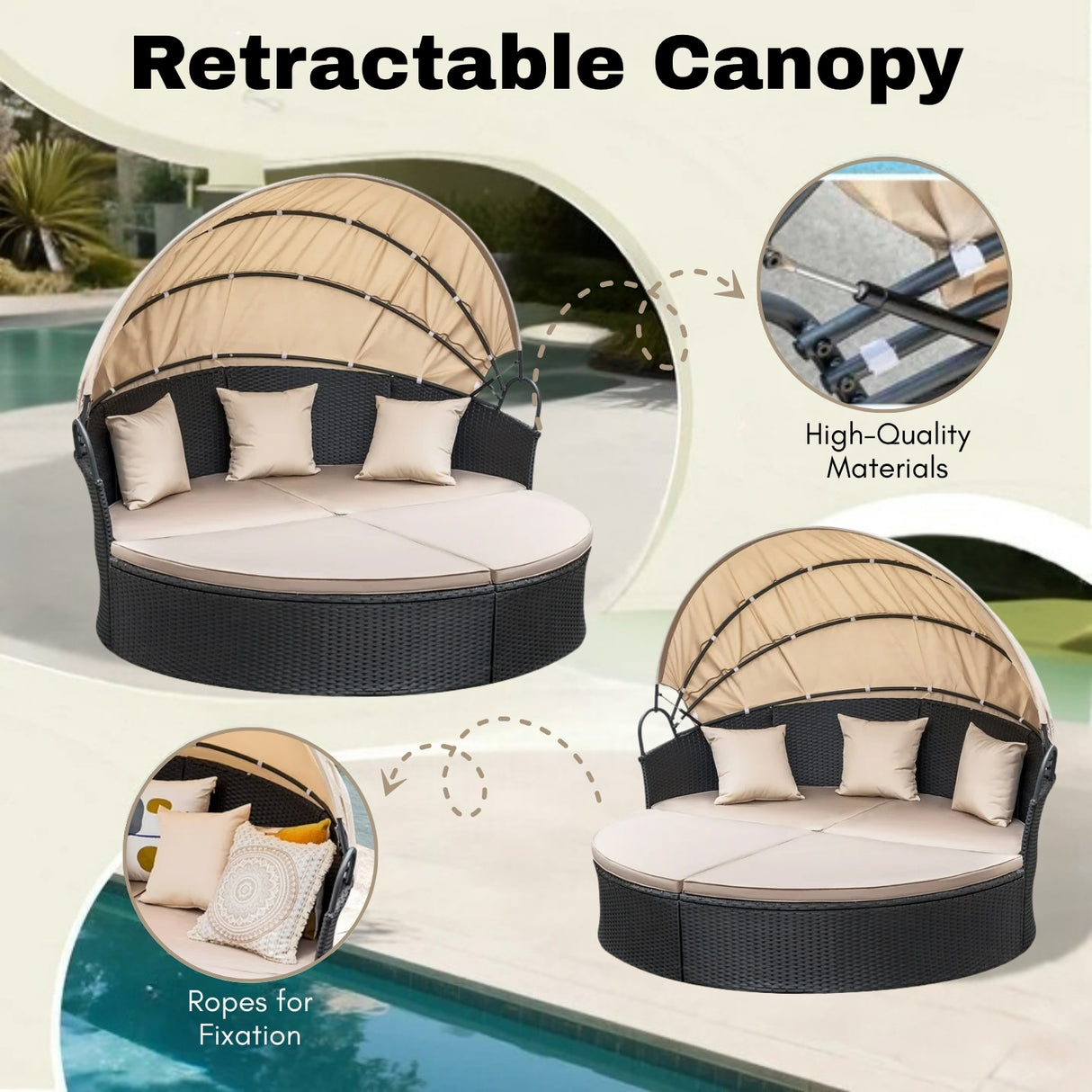 Outdoor Round Canopy Daybed Wicker Patio Furniture Set with Cushions