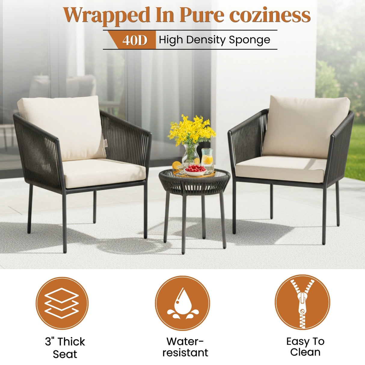 Outdoor Rope Patio Set with Glass Top Table