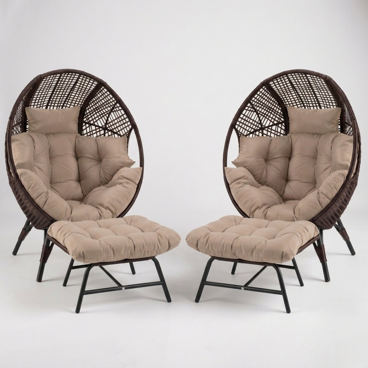 4-Piece Outdoor Wicker Egg Chair Set with Ottomans (Dark Brown & Cream)