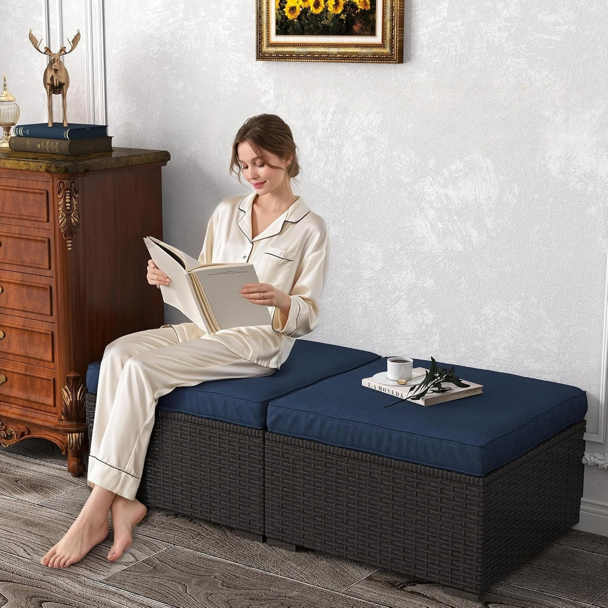 Outdoor Rattan Wicker 2-Piece Ottoman Set