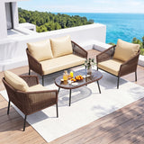 Outdoor 4 Seater Rope Conversation Sofa Set (Brown & Cream)
