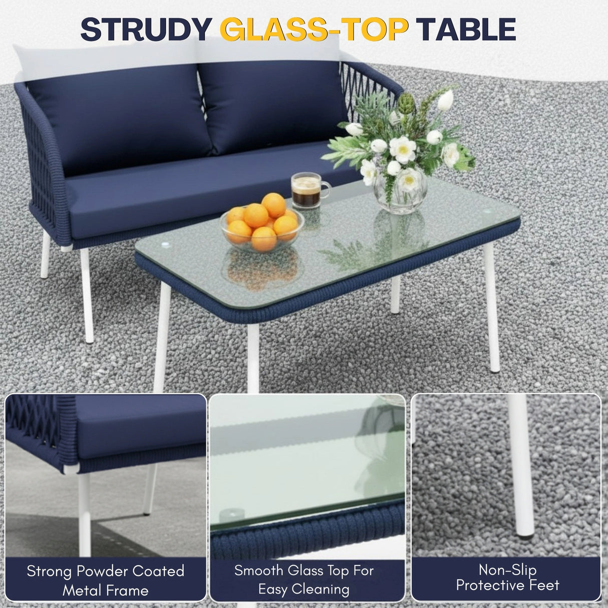 Outdoor Rope 4-Seater Sofa Set with Glass Top Table (Navy-blue & Royal Blue)