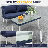 Outdoor Rope 4-Seater Sofa Set with Glass Top Table (Navy-blue & Royal Blue)