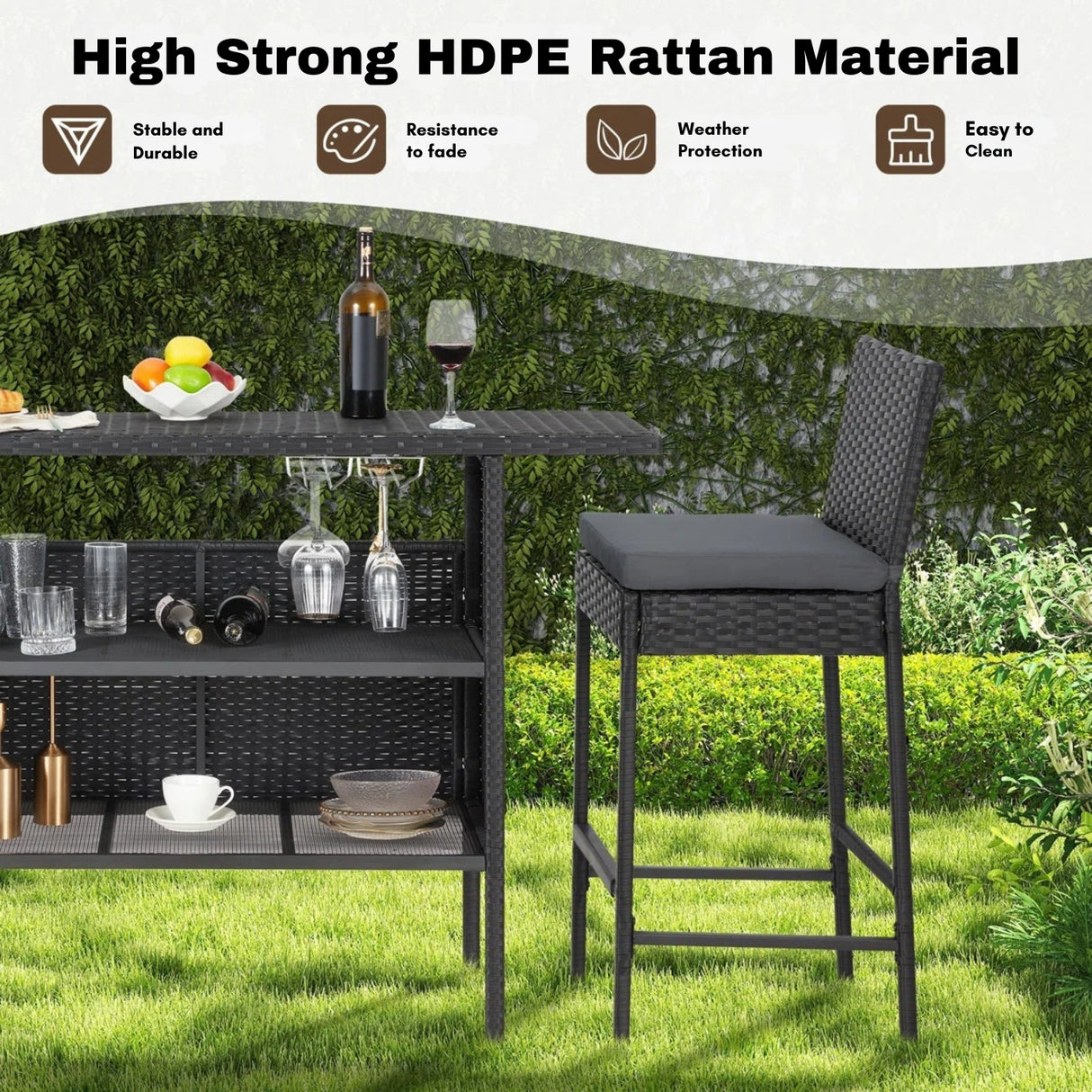 5-Piece Outdoor Rattan Wicker Bar Set with Wicker Top Table