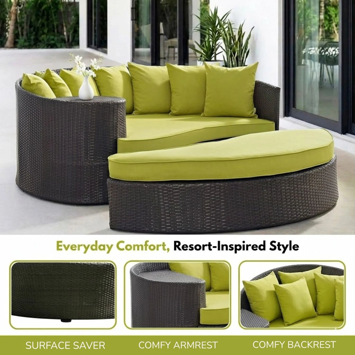 Outdoor Rattan Wicker Daybed (Dark Brown & Green)
