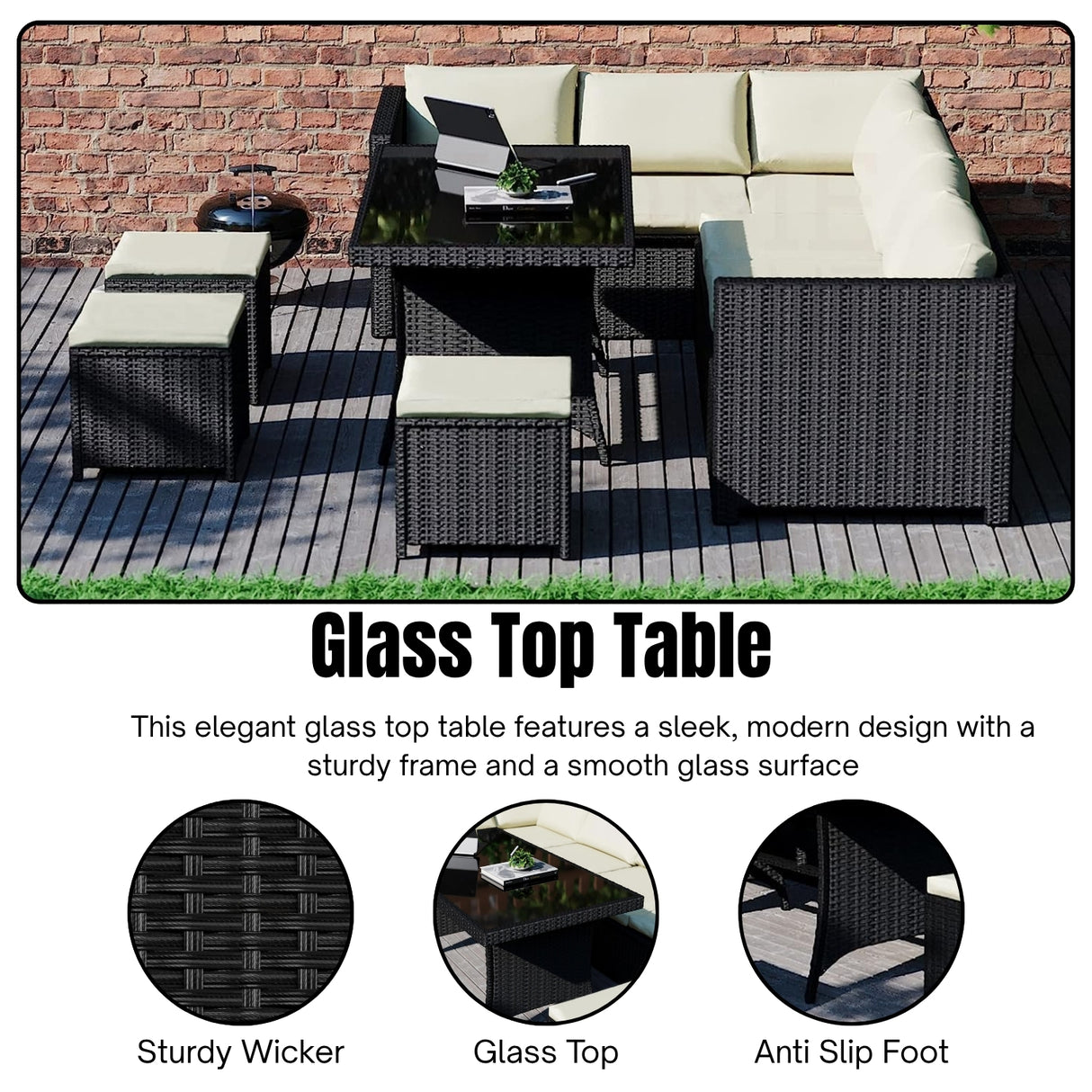6-Piece Outdoor Wicker Patio Dining Set – Black/Cream