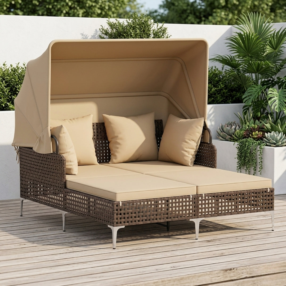 Luxury Outdoor Rattan Wicker Daybed with Canopy & Cushions