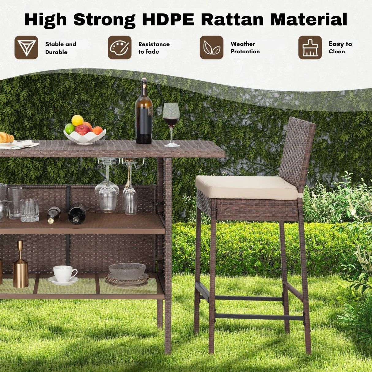 5-Piece Outdoor Rattan Wicker Bar Set with Wicker Top Table