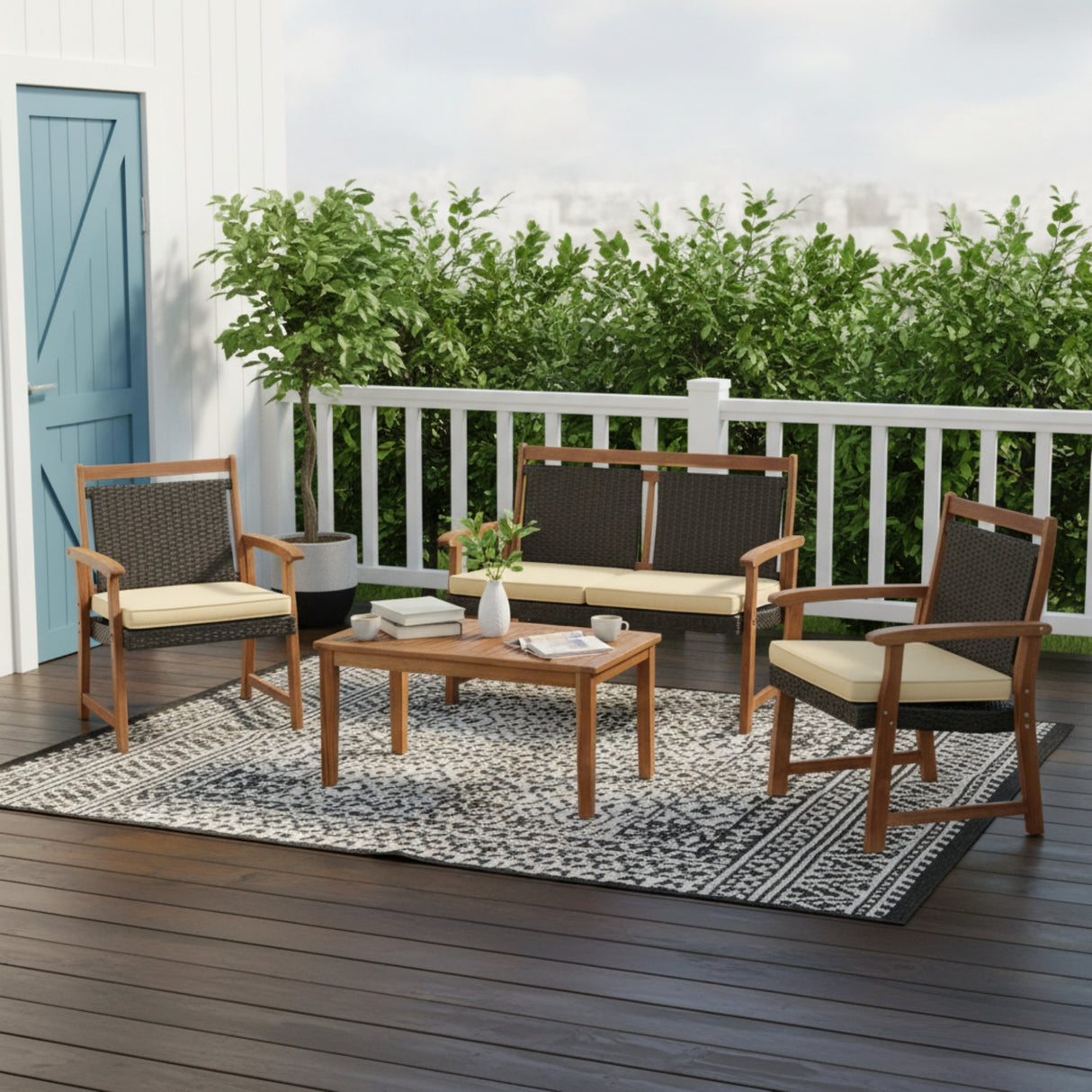 Outdoor Wicker 4-Piece Sofa Set with Solid Sheesham Wood Frames