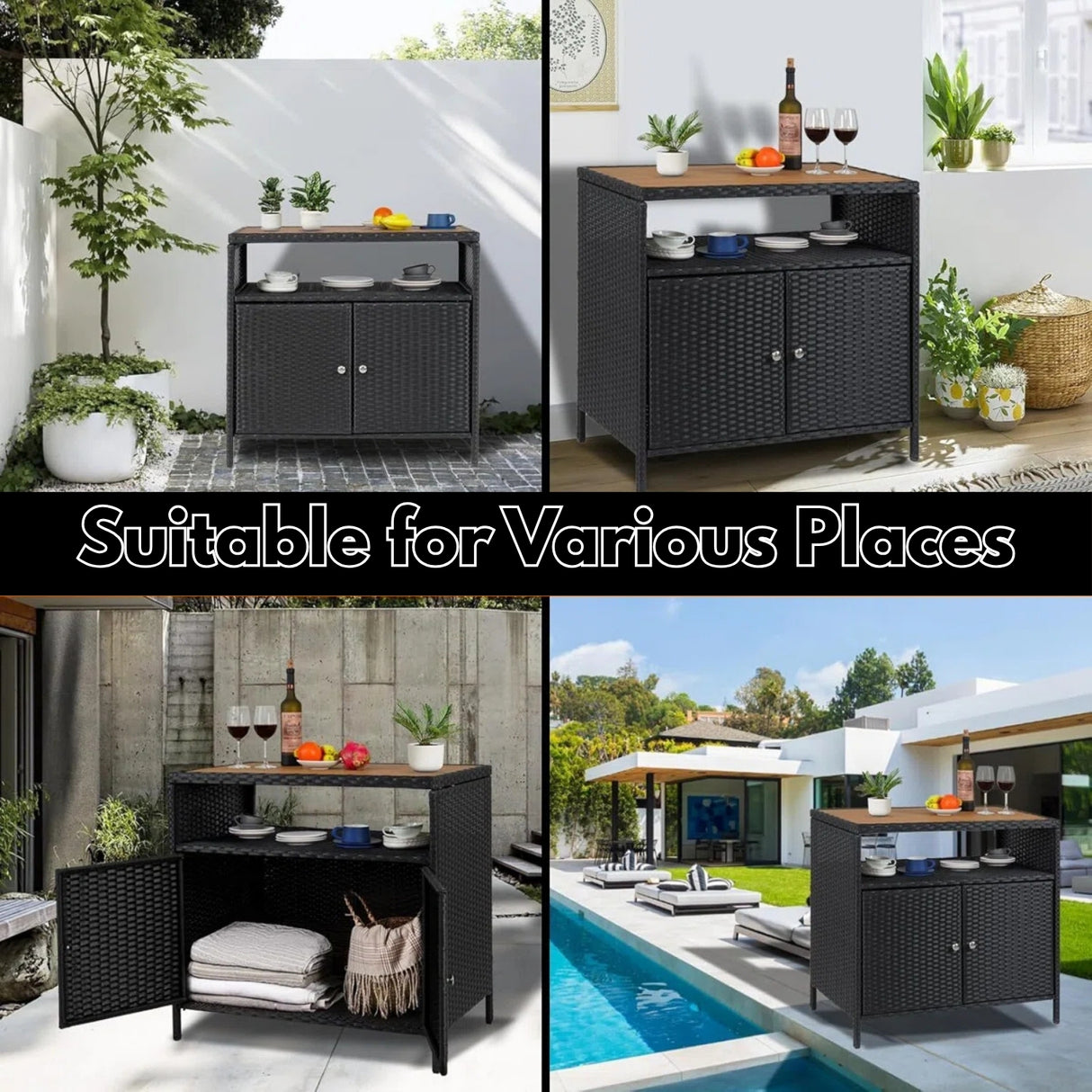 Outdoor Rattan Wicker Bar Table With Wooden Top