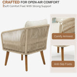 Outdoor Rope 4-Piece Patio Sofa Set with Wooden Legs & Coffee Table (Platinum & Off-White)