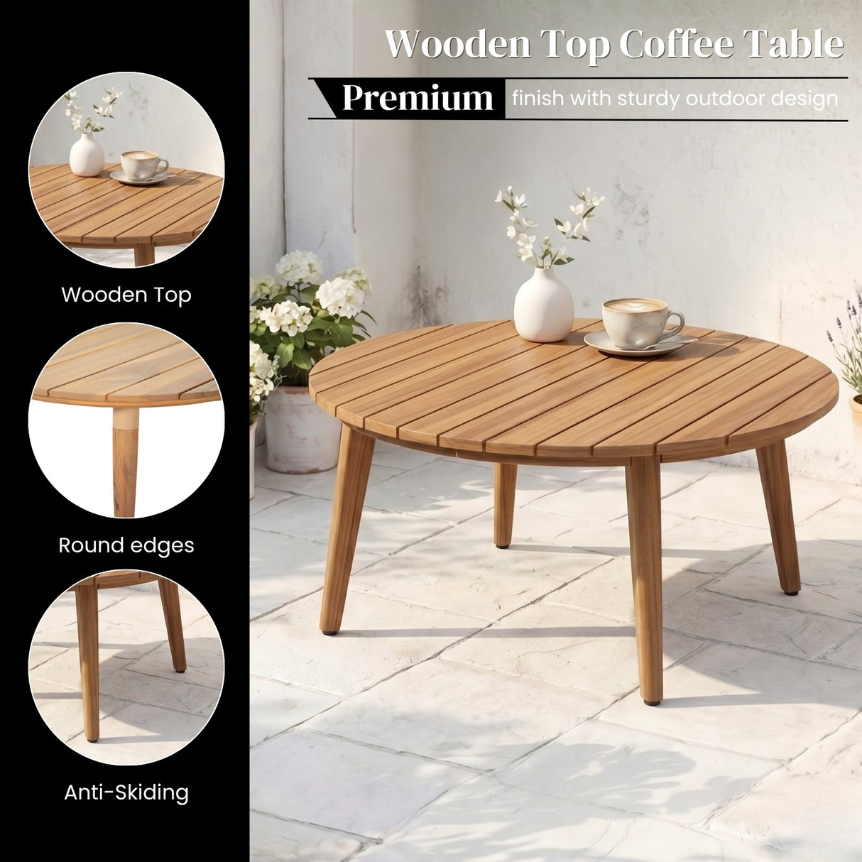 Outdoor Rope Sofa Set with  Round Slatted Coffee Table (Black & Off-White)