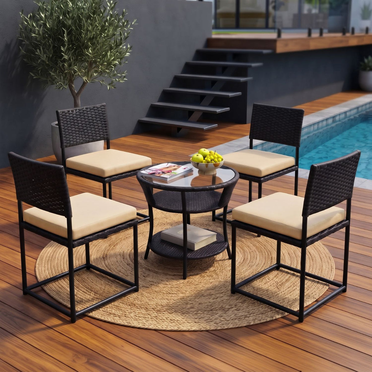 5-Piece Outdoor Wicker Patio Furniture Set (Black & Cream)