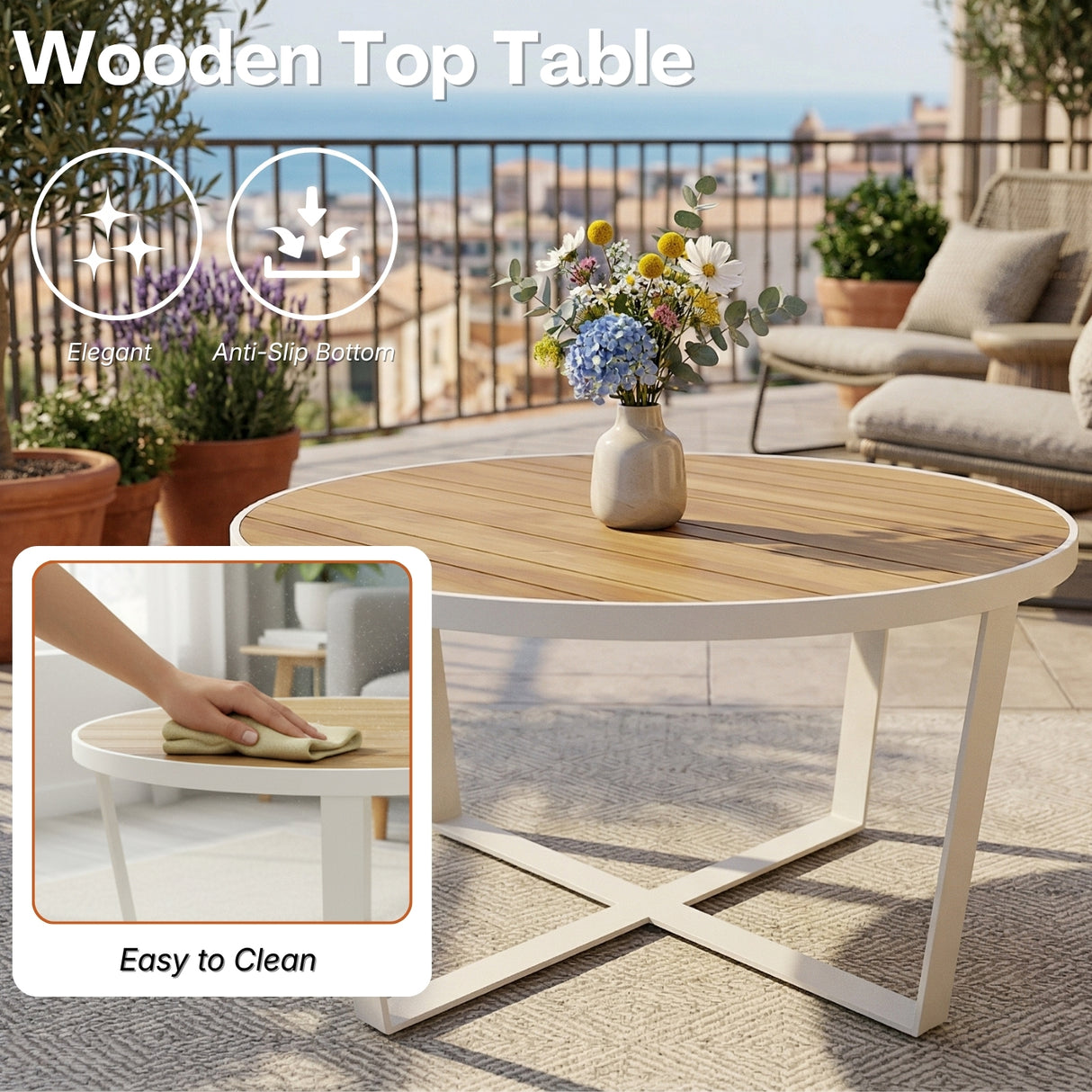 Outdoor Rope 4-Piece Sofa Set with Wooden Top Round Table