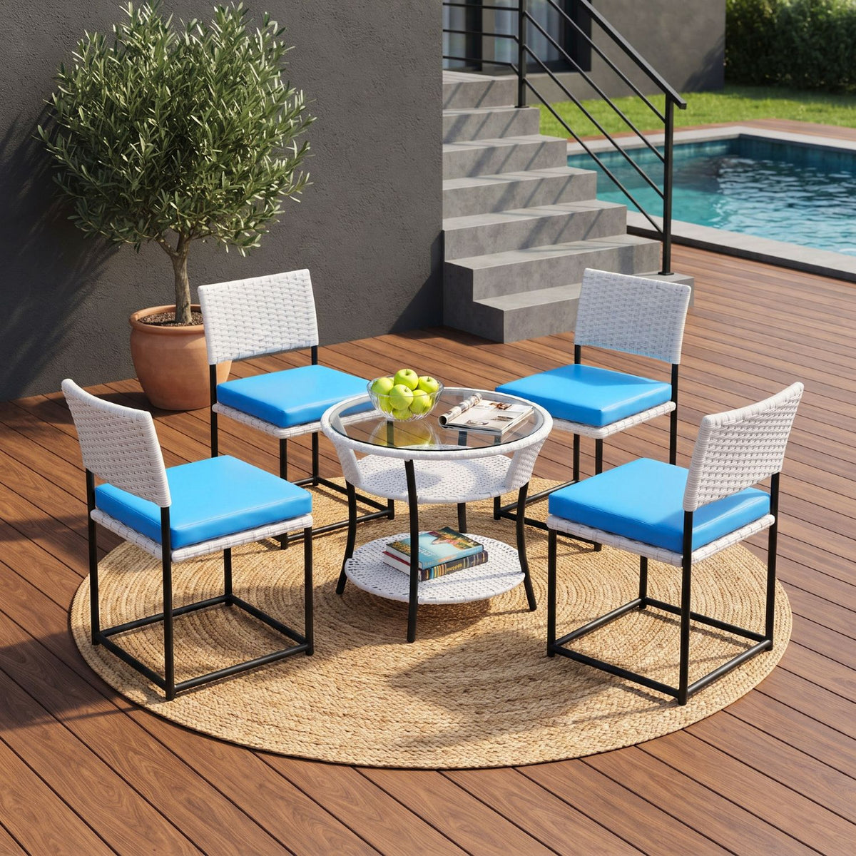 5-Piece Outdoor Wicker Patio Furniture Set (White & Sky-Blue)