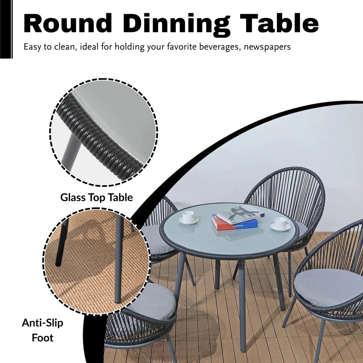 5-Piece Outdoor Patio Dining Set with Rope Chairs & Glass Top Table