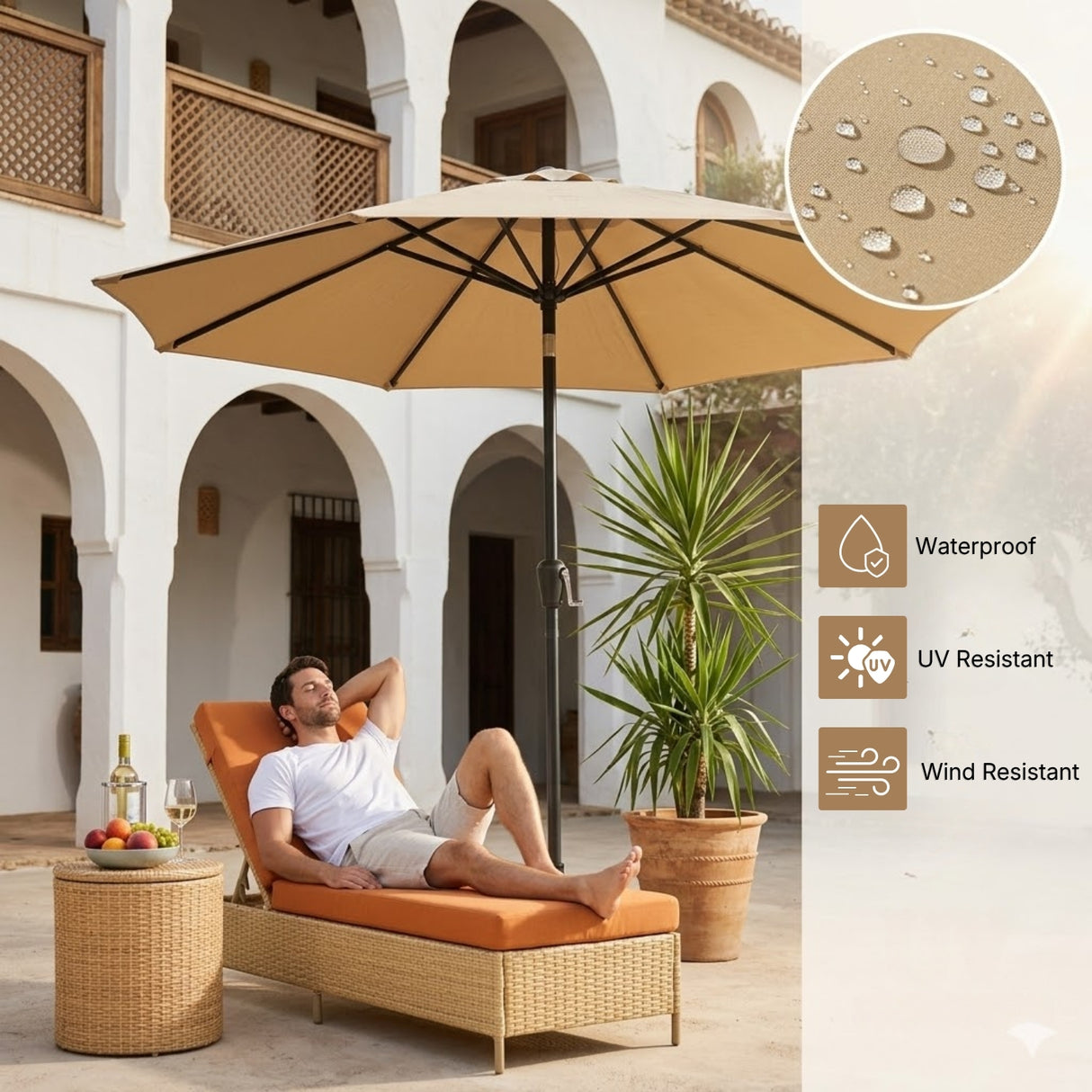 Outdoor Wicker Rattan Lounger Set of 2 with Patio Umbrella (Beige & Orange)