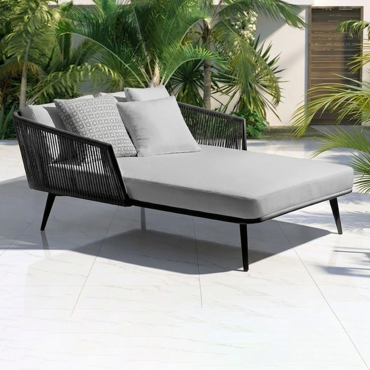 Outdoor Black Rope Patio Daybed with Comfortable Grey Cushion