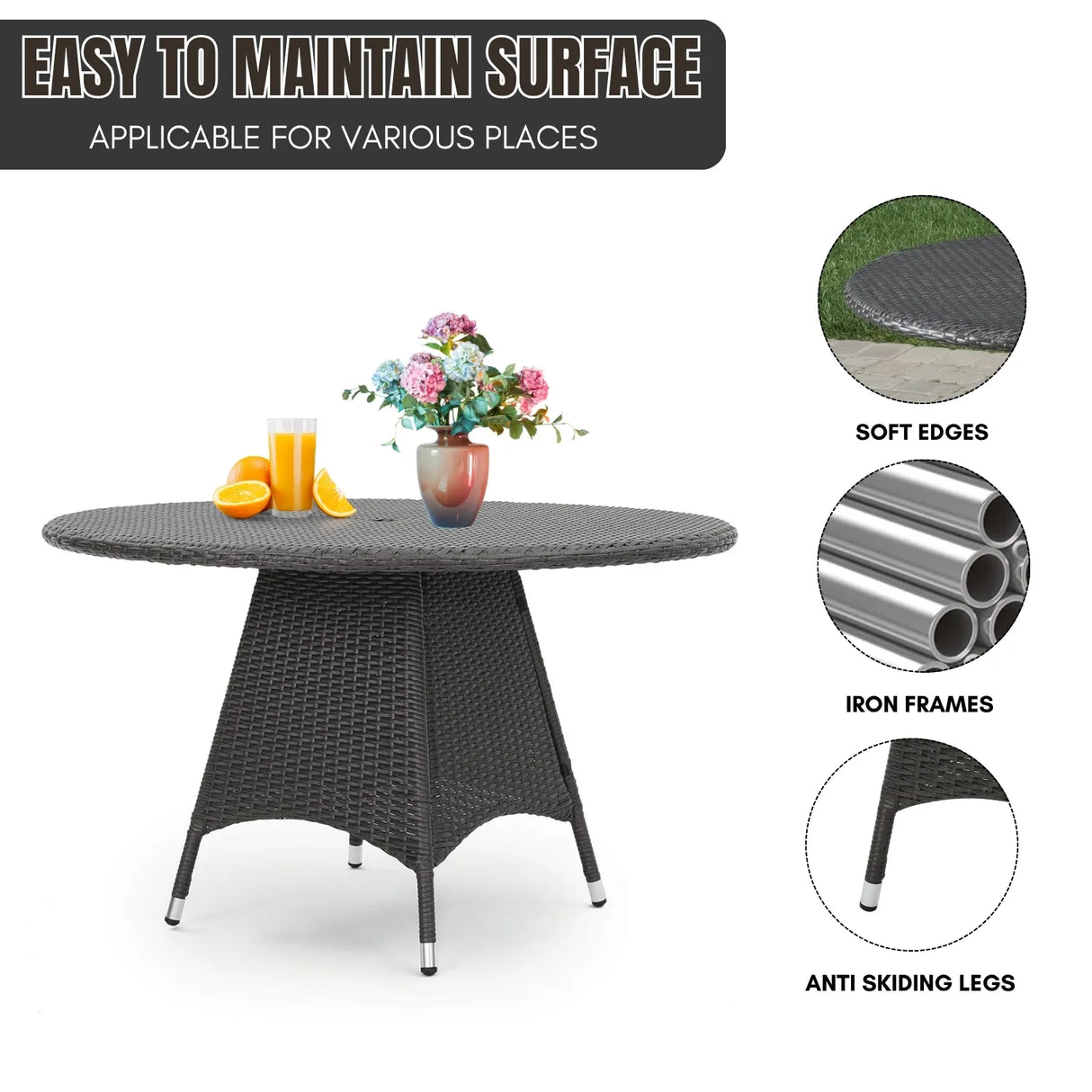 Outdoor Rattan Wicker Round Patio Table (Black)