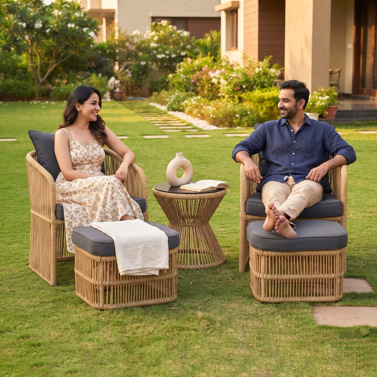 Outdoor 5 Piece Rope Patio Chair Ottoman Set (Beige & Dark Grey)